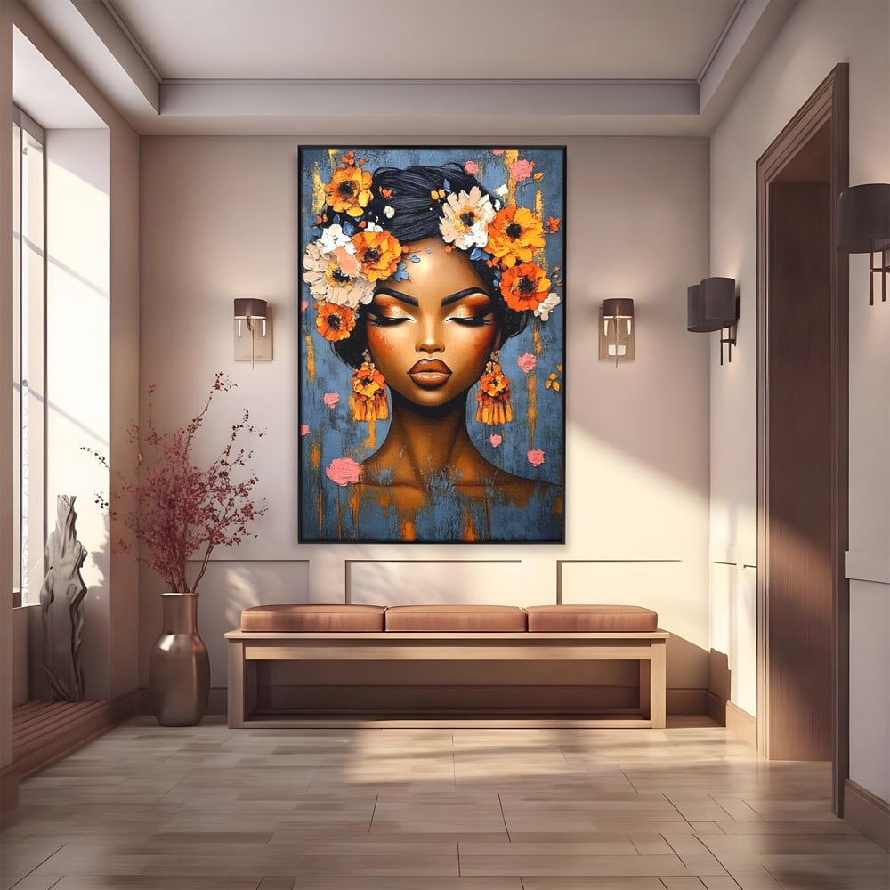 Tablou canvas cu tablou canvas cu portret de femeie si flori, in rama de aluminiu negru